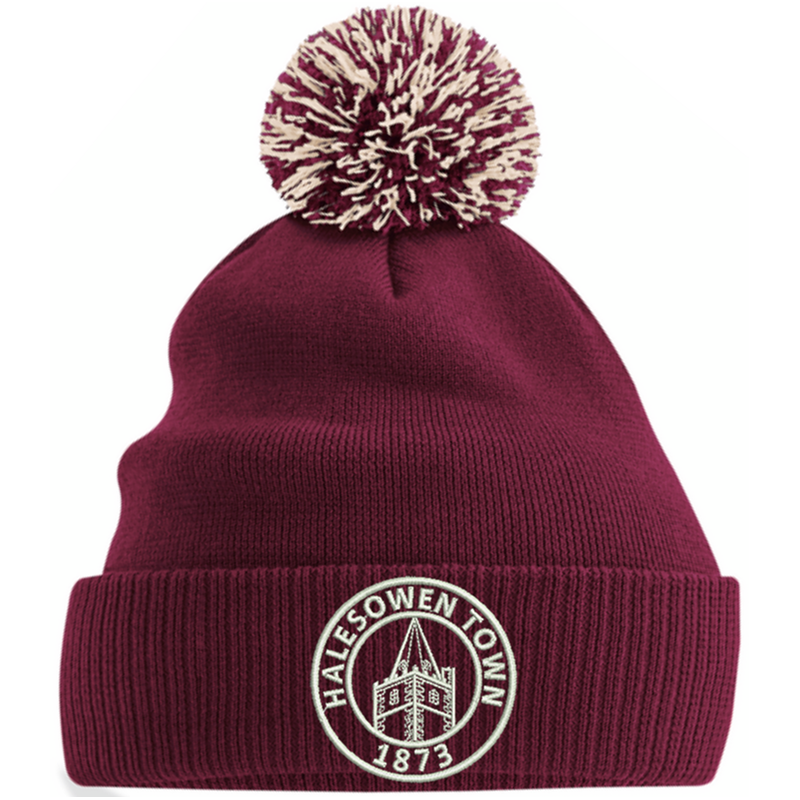 Knitted beanie hat with contrast pom pom, embroidered with club logo to front,