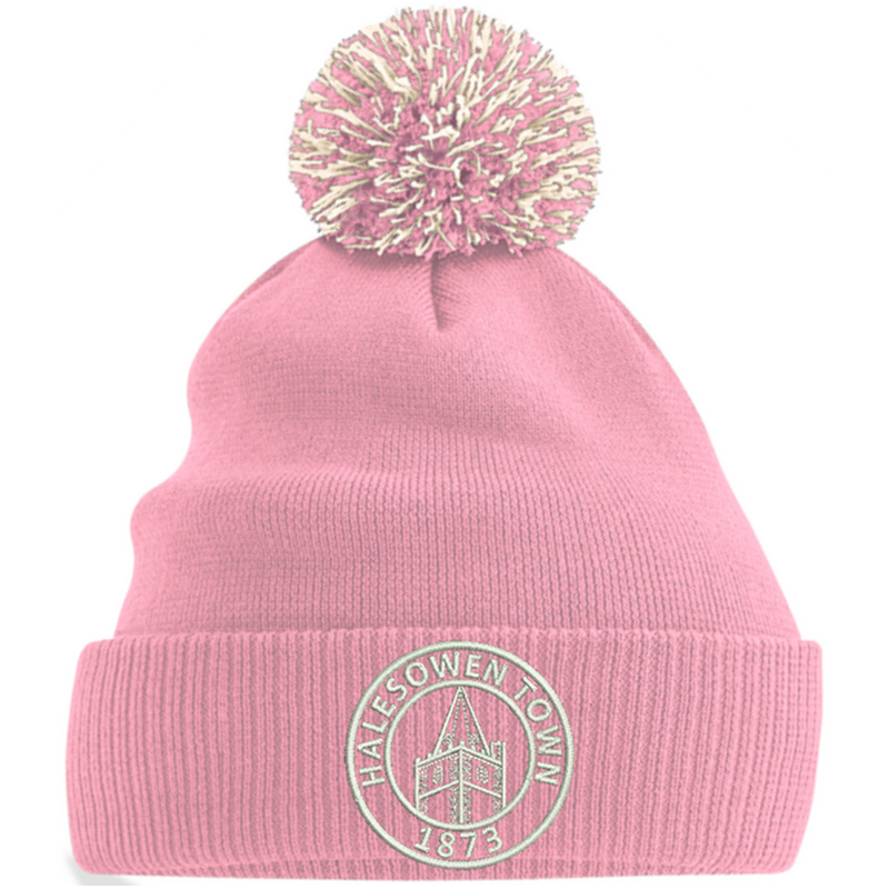 Knitted beanie hat with contrast pom pom, embroidered with club logo to front,