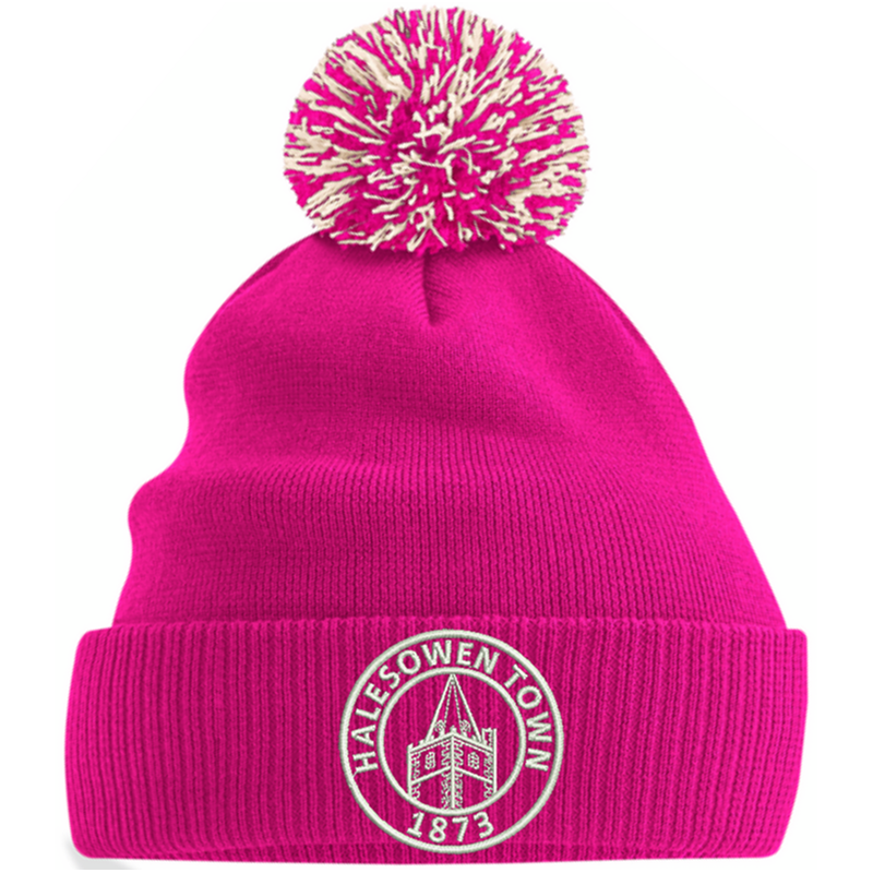 Knitted beanie hat with contrast pom pom, embroidered with club logo to front,