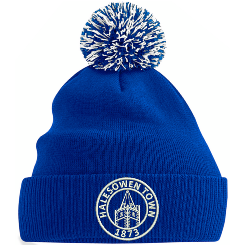 Knitted beanie hat with contrast pom pom, embroidered with club logo to front,