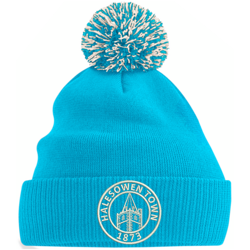 Knitted beanie hat with contrast pom pom, embroidered with club logo to front,