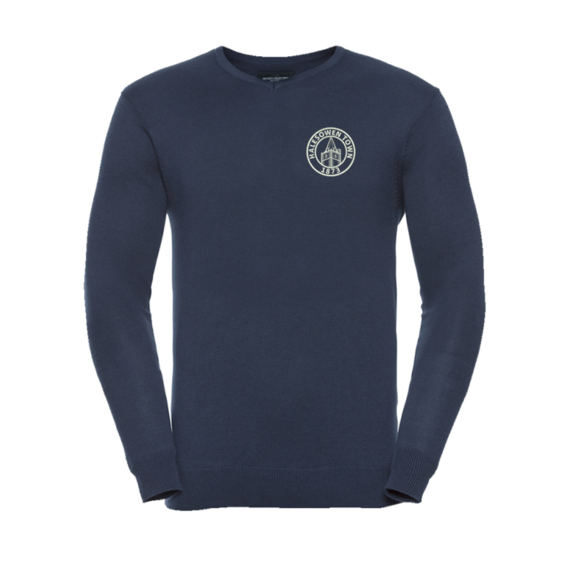 A V-neck long sleeve mens sweater made with a fine gauge knitted cotton rich yarn for a soft and comfortable feel. Yeltz logo to left breast.