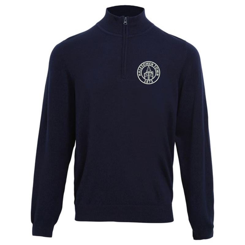 Knitted sweater in Navy with zipped neck, embroidered with club logo in white or self colour.