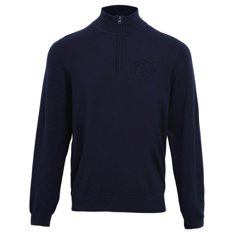 Knitted sweater in Navy with zipped neck, embroidered with club logo in white or self colour.
