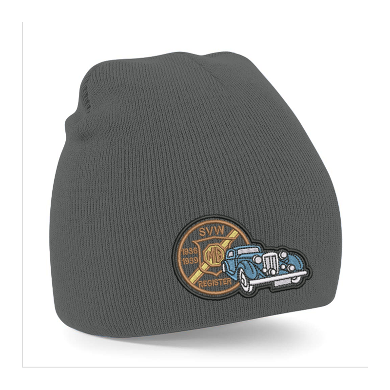 Knitted beanie hat, pull on style with embroidered to front