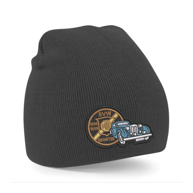 Knitted beanie hat, pull on style with embroidered to front