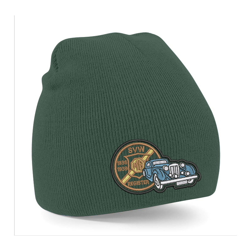 Knitted beanie hat, pull on style with embroidered to front