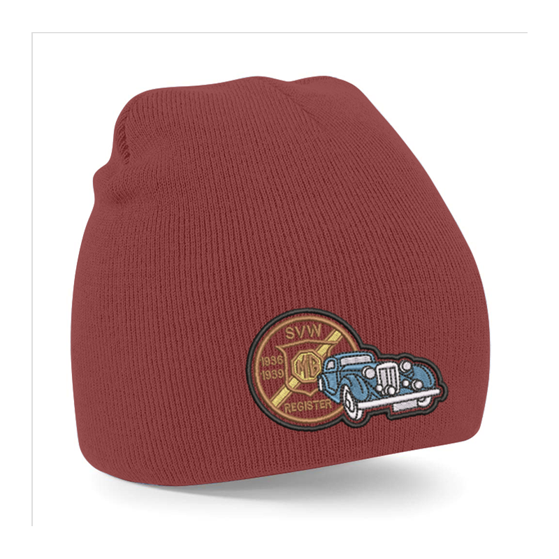 Knitted beanie hat, pull on style with embroidered to front
