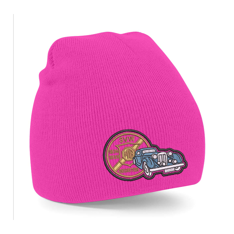 Knitted beanie hat, pull on style with embroidered to front