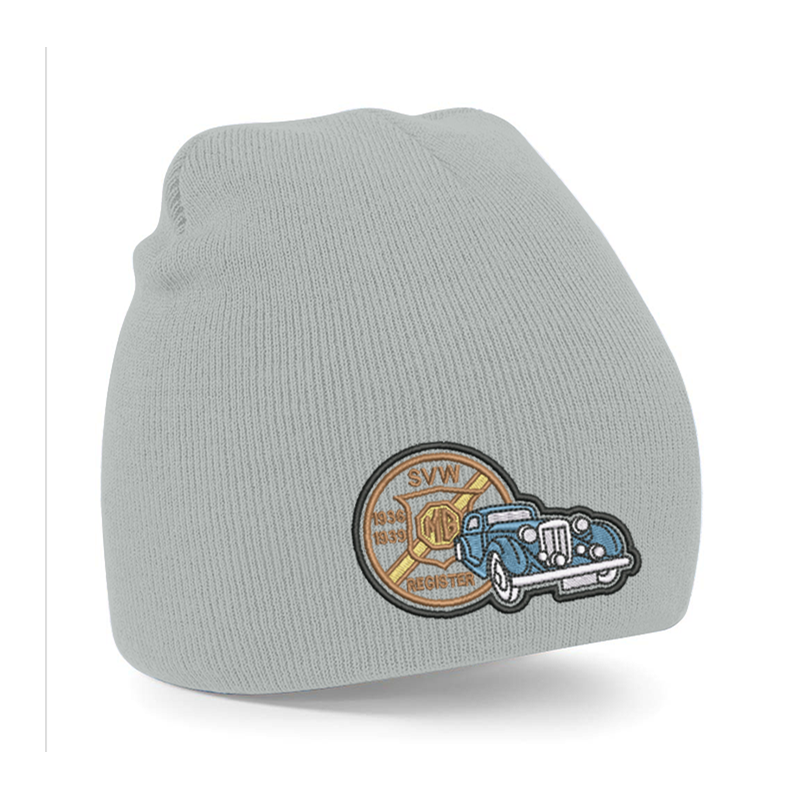 Knitted beanie hat, pull on style with embroidered to front