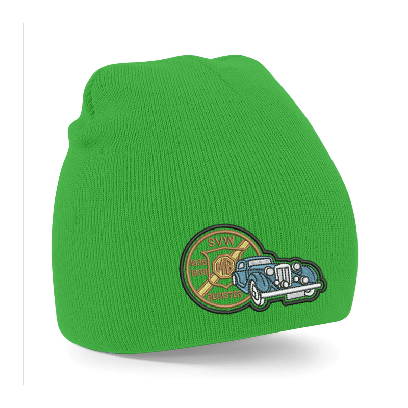 Knitted beanie hat, pull on style with embroidered to front