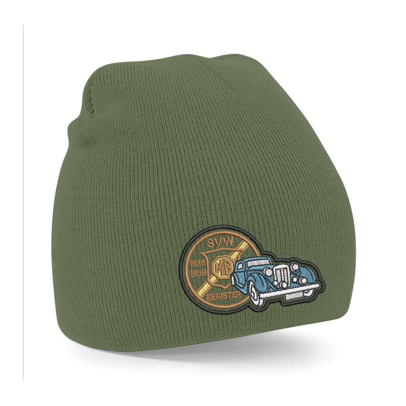 Knitted beanie hat, pull on style with embroidered to front