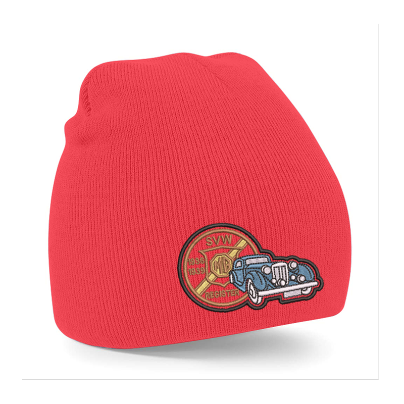 Knitted beanie hat, pull on style with embroidered to front