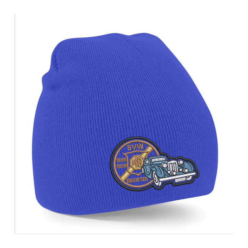 Knitted beanie hat, pull on style with embroidered to front