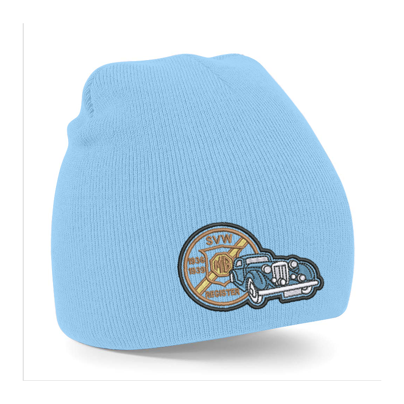 Knitted beanie hat, pull on style with embroidered to front