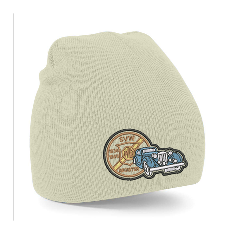 Knitted beanie hat, pull on style with embroidered to front