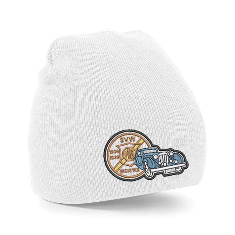 Knitted beanie hat, pull on style with embroidered to front
