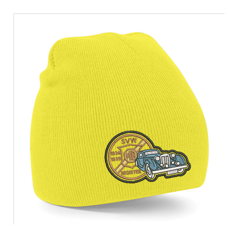 Knitted beanie hat, pull on style with embroidered to front
