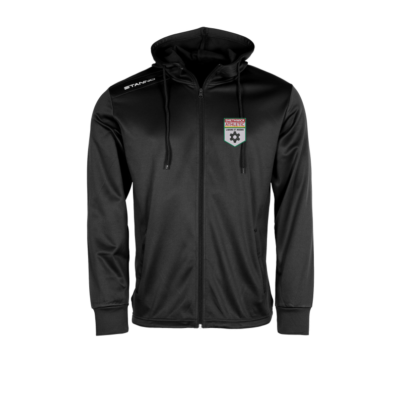 100% polyester with a brushed inside and has a regular fit. The Field Hooded Top Full Zip has a stand-up collar, drawstring hood and a tunnel with drawstring at the bottom. Logo left breast