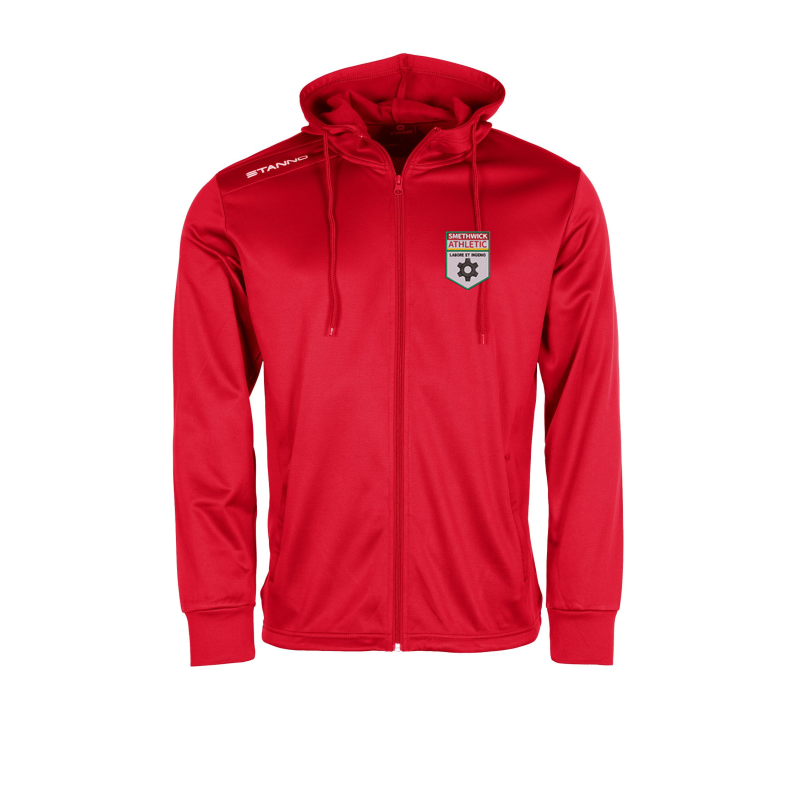 100% polyester with a brushed inside and has a regular fit. The Field Hooded Top Full Zip has a stand-up collar, drawstring hood and a tunnel with drawstring at the bottom. Logo left breast