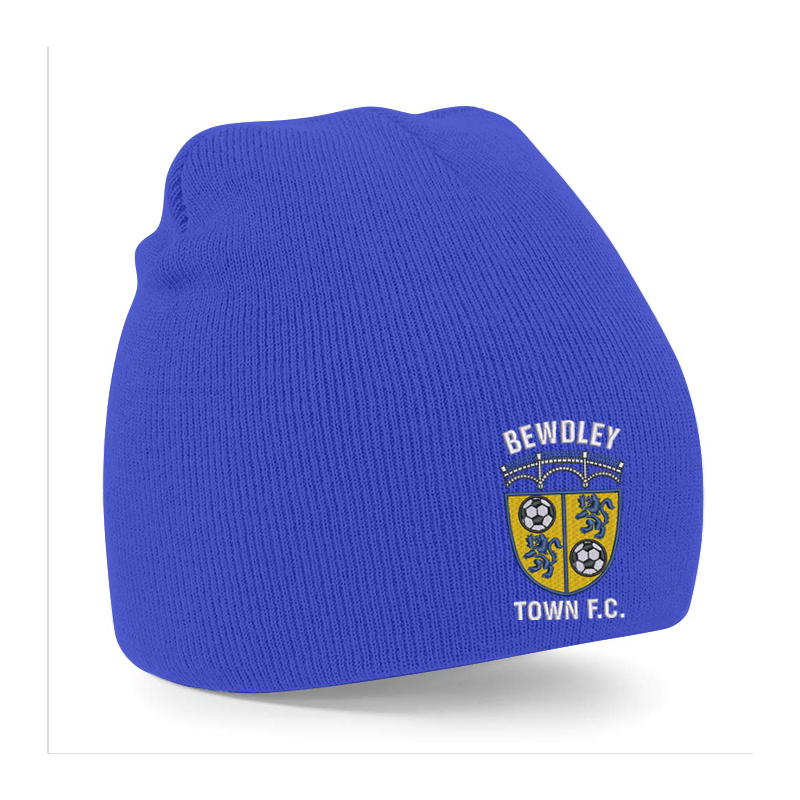 Knitted pull on style beanie hat with embroidered logo to front