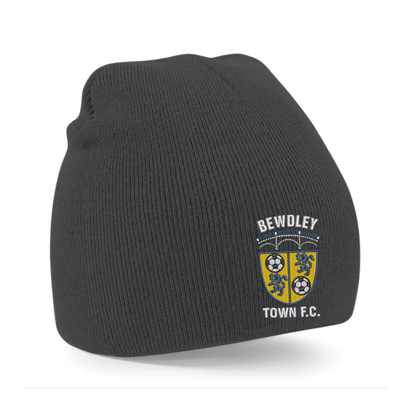 Knitted pull on style beanie hat with embroidered logo to front
