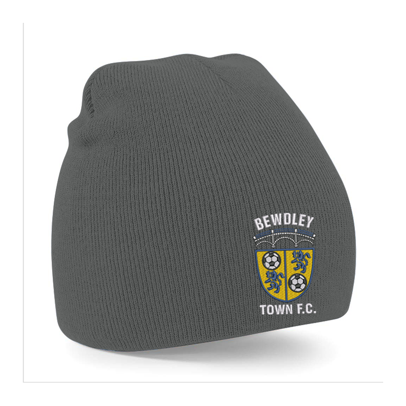 Knitted pull on style beanie hat with embroidered logo to front