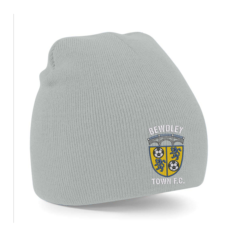 Knitted pull on style beanie hat with embroidered logo to front