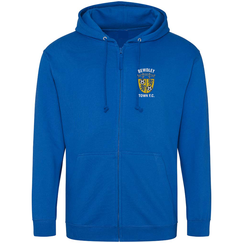 Hooded sweatshirt with zip through front, embroidered club logo left breast.