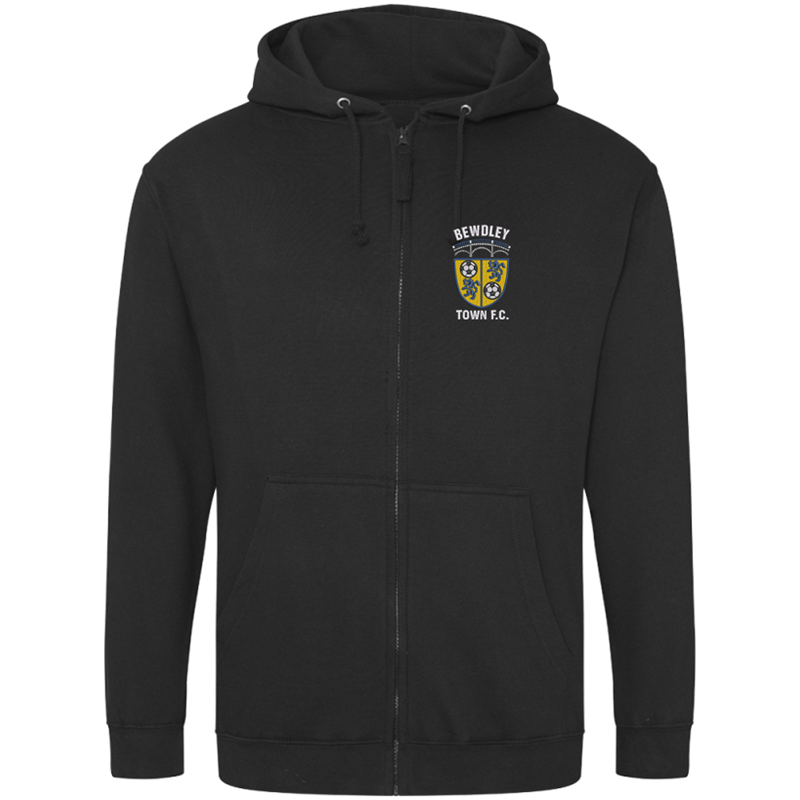 Hooded sweatshirt with zip through front, embroidered club logo left breast.