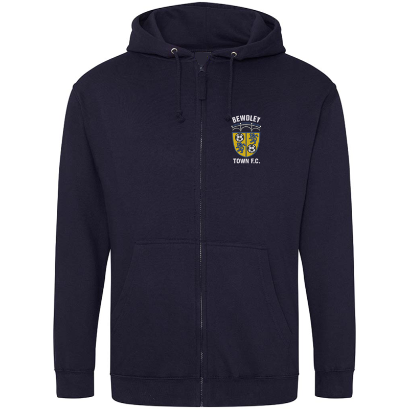 Hooded sweatshirt with zip through front, embroidered club logo left breast.