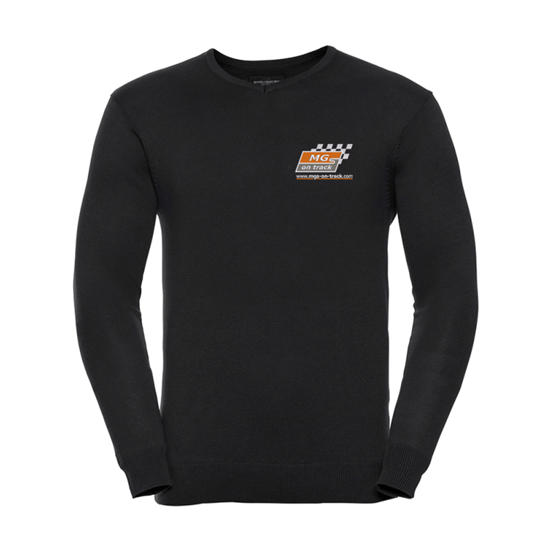 Fine knit 12 gauge v-neck jumper. Semi fashioned sleeve and neck detail. Set-in-sleeves. Embroidered logo