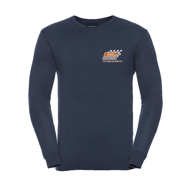 Fine knit 12 gauge v-neck jumper. Semi fashioned sleeve and neck detail. Set-in-sleeves. Embroidered logo