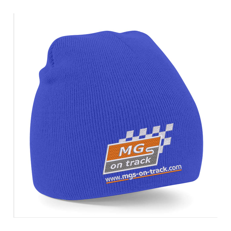 Knitted pull on style beanie hat with embroidered logo.