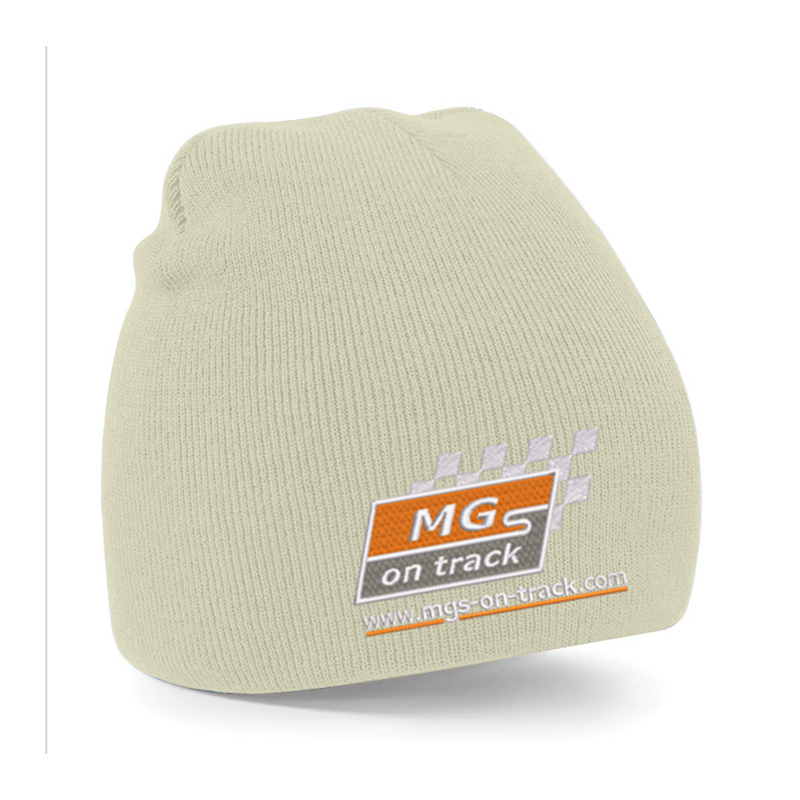 Knitted pull on style beanie hat with embroidered logo.