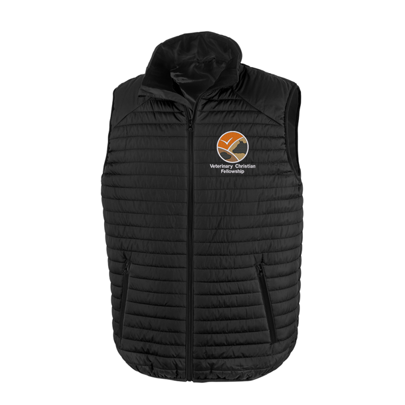 Unisex padded full zip gilet, with embroidered logo.