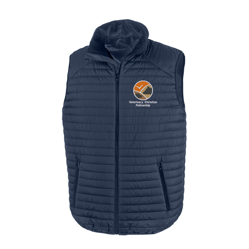 Unisex padded full zip gilet, with embroidered logo.