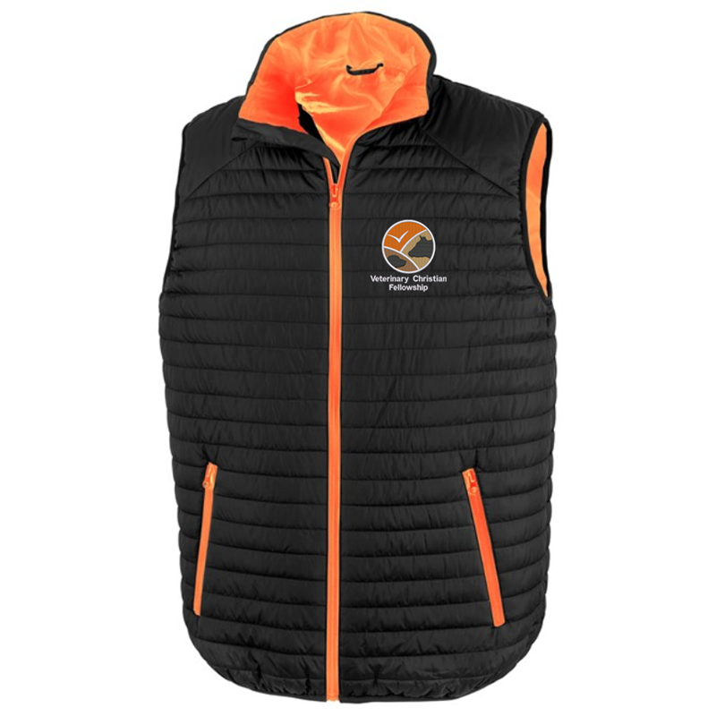 Unisex padded full zip gilet, with embroidered logo.