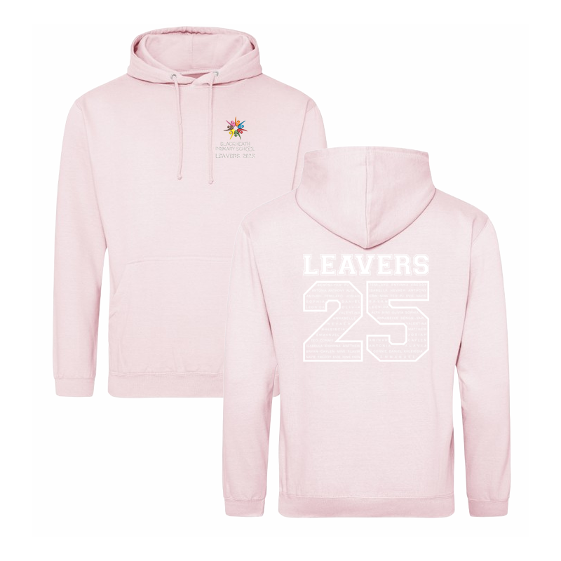 Classic hooded sweatshirt with printed name design to the back and School Leavers logo embroidered to the front. Delivered to School before Summer Half Term.