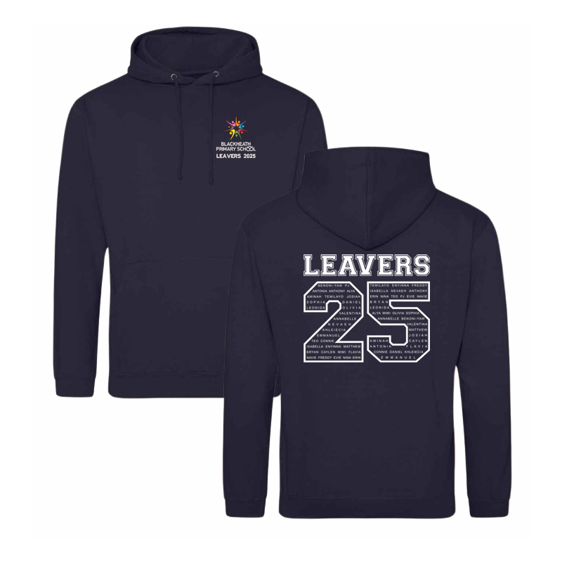 Classic hooded sweatshirt with printed name design to the back and School Leavers logo embroidered to the front. Delivered to School before Summer Half Term.