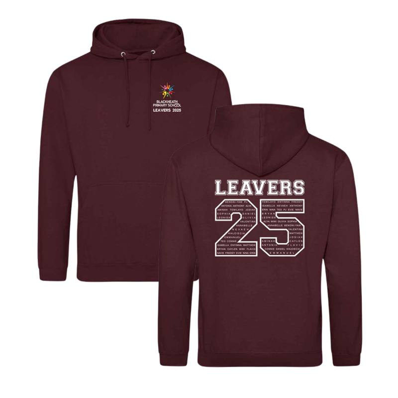 Classic hooded sweatshirt with printed name design to the back and School Leavers logo embroidered to the front. Delivered to School before Summer Half Term.