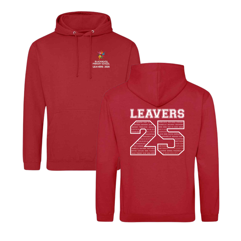 Classic hooded sweatshirt with printed name design to the back and School Leavers logo embroidered to the front. Delivered to School before Summer Half Term.