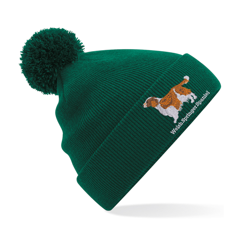 Knitted cuffed beanie hat with pom-pom, embroidered logo to front