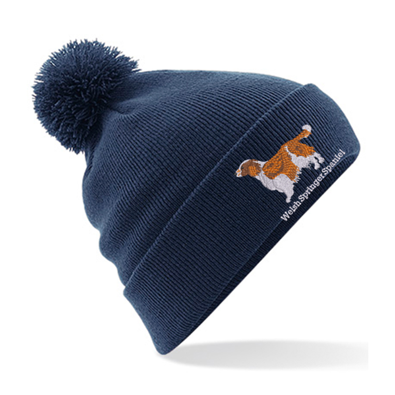 Knitted cuffed beanie hat with pom-pom, embroidered logo to front
