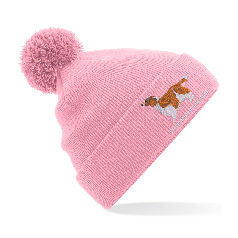 Knitted cuffed beanie hat with pom-pom, embroidered logo to front