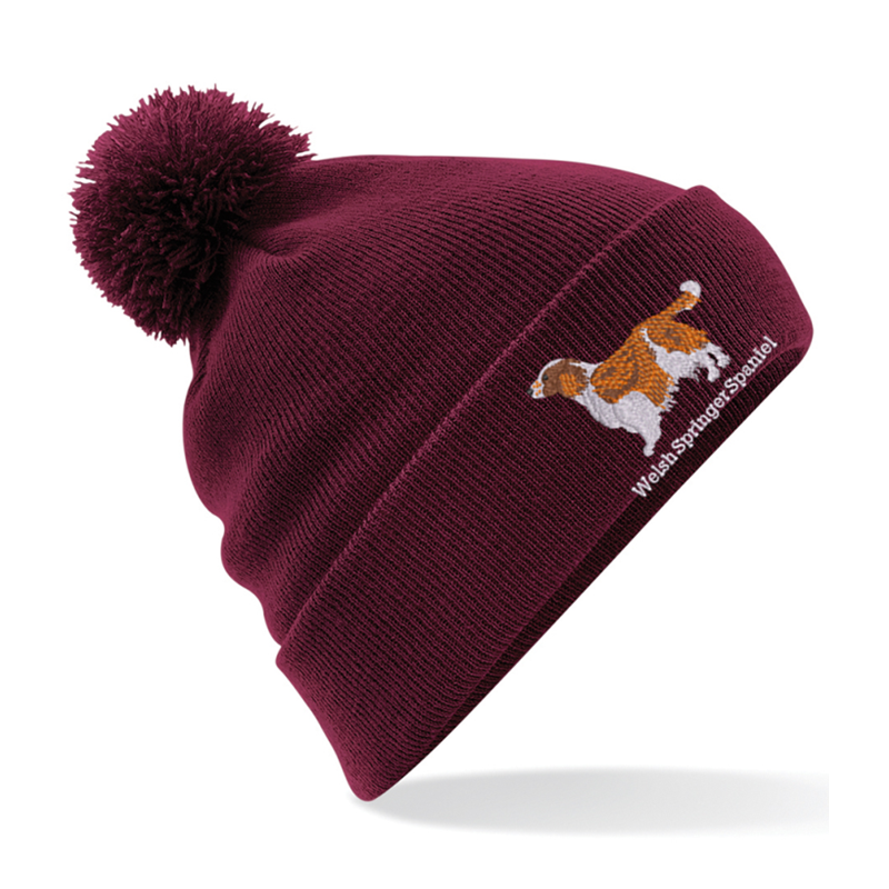 Knitted cuffed beanie hat with pom-pom, embroidered logo to front
