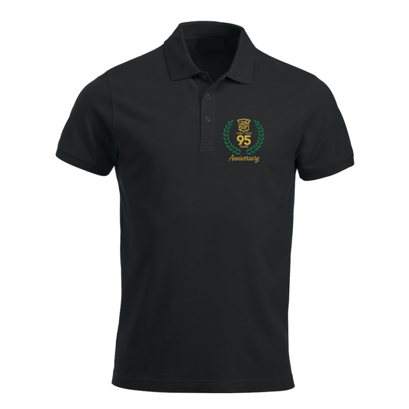Polycotton premium polo shirt with printed anniversary logo to left breast.