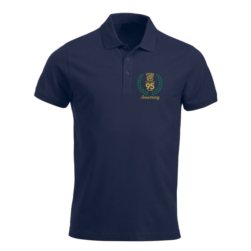 Polycotton premium polo shirt with printed anniversary logo to left breast.