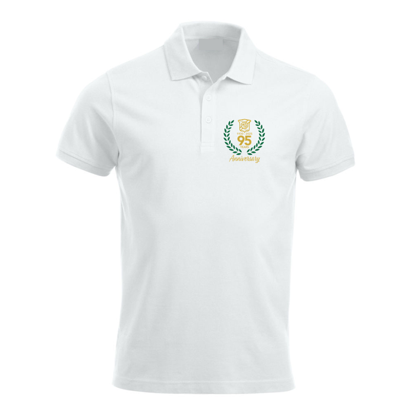 Polycotton premium polo shirt with printed anniversary logo to left breast.