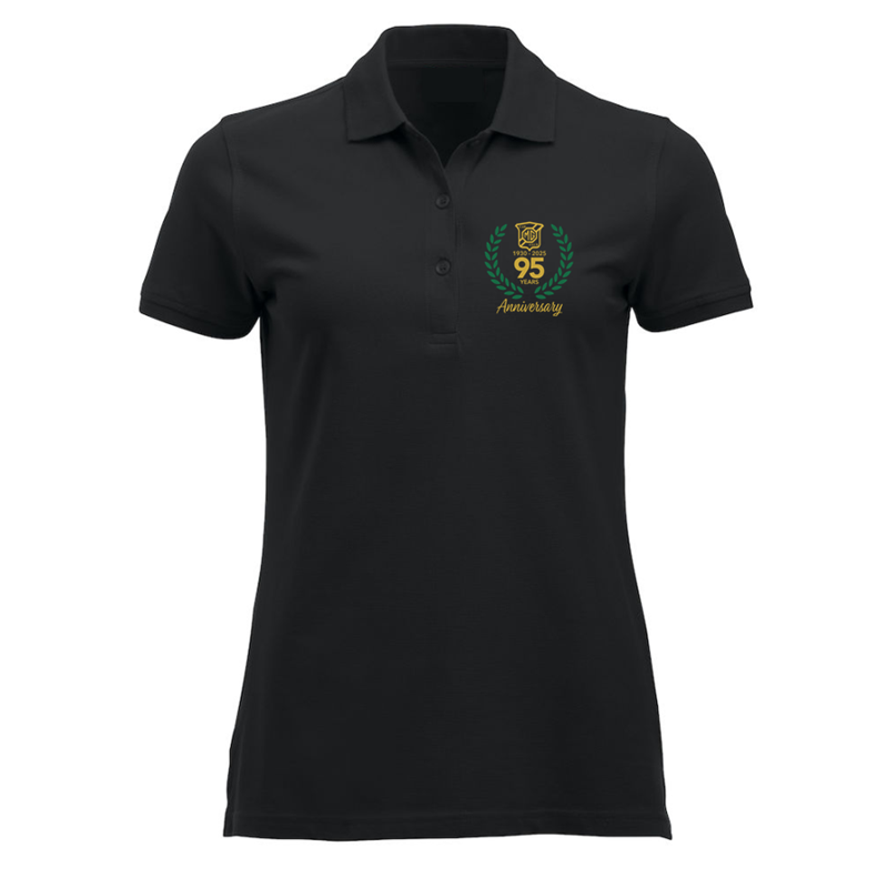 Polycotton premium ladies fit polo shirt with printed anniversary logo to left breast.